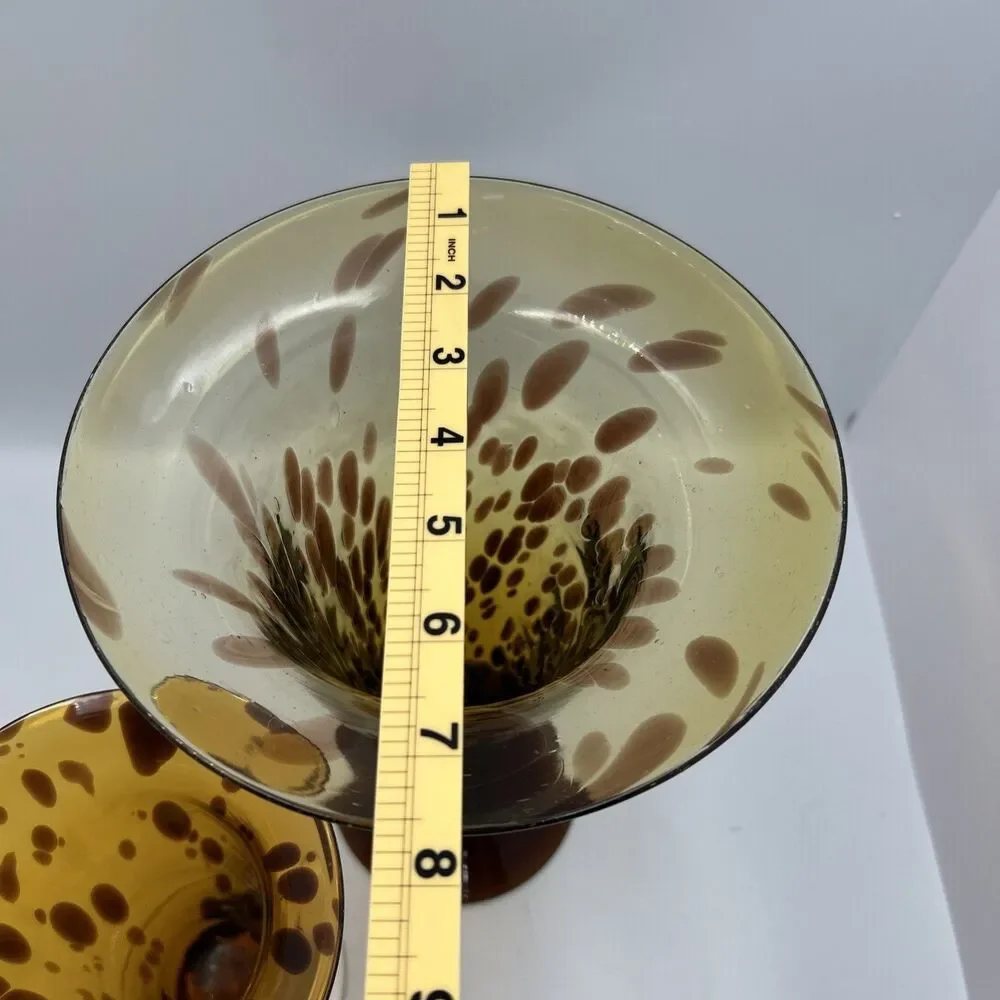 Vintage Hand Blown Art Glass Vases Set of 2 Amber Brown Spotted Pedestal Vases